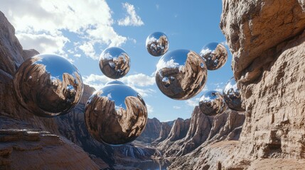 Poster - photorealistic minimalistic interconnected spherical pods arranged in a cascading formation over a canyon