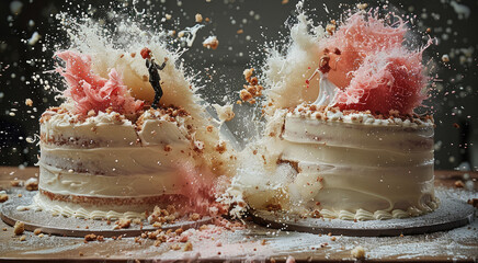 Poster - Two wedding cakes with bride and groom cake toppers, the cake fly into each other and smash in mid-flight, both cakes explode with big chunks flying everywhere.