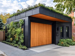 Modern Eco-Friendly Garage: A contemporary garage design features a green roof, vertical garden, and natural wood garage door, showcasing sustainable and stylish architecture.