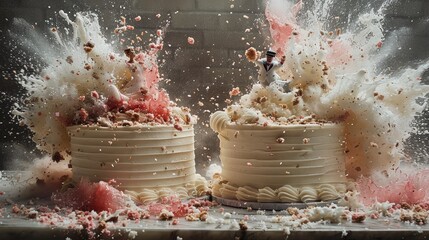 Poster - Two wedding cakes with bride and groom cake toppers, the cake fly into each other and smash in mid-flight, both cakes explode with big chunks flying everywhere.