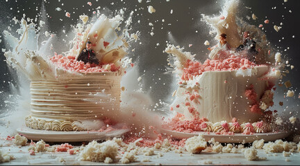 Poster - Two wedding cakes with bride and groom cake toppers, the cake fly into each other and smash in mid-flight, both cakes explode with big chunks flying everywhere.