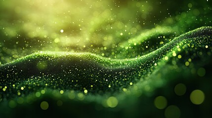 Sticker - Abstract green landscape with shimmering particles and soft waves, creating a serene atmosphere