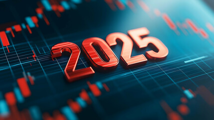 Poster - A futuristic representation of the year 2025, highlighted against a backdrop of financial data and graphs, symbolizing growth and innovation.