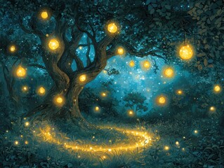 Wall Mural - a mystical forest glowing softly under a sky filled with swirling galaxies. radiant vines drape from