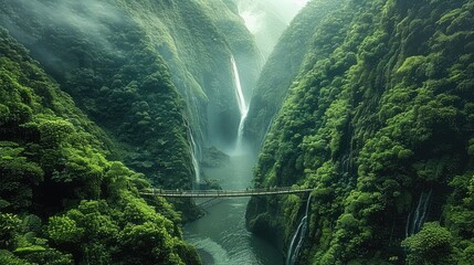 Poster - The mountains are towering green, with cascading waterfalls and flowing springs, the continuous mountains are towering. A waterfall cascades down from a high place. Aerial high view.