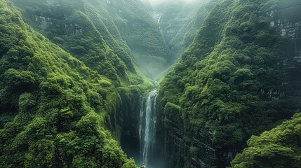 Poster - The mountains are towering green, with cascading waterfalls and flowing springs, the continuous mountains are towering. A waterfall cascades down from a high place. Aerial high view.