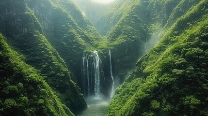 Poster - The mountains are towering green, with cascading waterfalls and flowing springs, the continuous mountains are towering. A waterfall cascades down from a high place. Aerial high view.