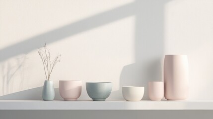 Wall Mural - photorealistic minimalistic arrangement of small ceramic pieces in soft pastels, on a white minimalist shelf