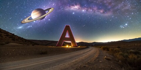 Wall Mural - Panoramic Saturn Inside Letter A: Cosmic Alphabet Stock Photo