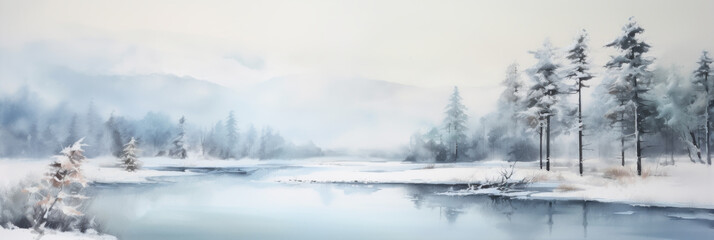  Winter landscape. River flowing through snowy landscape. Watercolor painting.