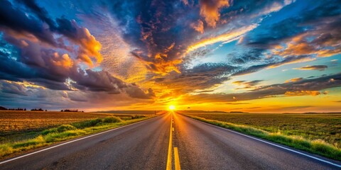 Wall Mural - Panoramic View of Empty Asphalt Road Stretching to Horizon at Sunset