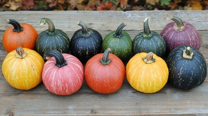 A vibrant collection of colorful miniature pumpkins displayed on rustic wooden planks creating an autumn harvest theme