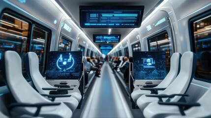 Poster - Designers showcasing interactive features for enhanced passenger engagement in train interiors
