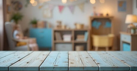 Wall Mural - Empty Wooden table on blurred background of childrens room. Generative ai