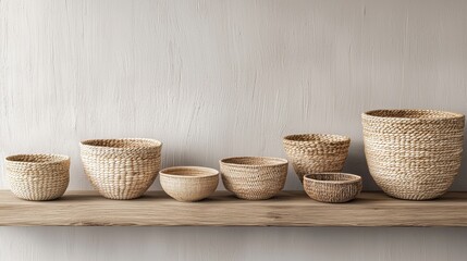 Wall Mural - photorealistic minimalistic collection of woven baskets in warm shades, displayed on a rustic wooden shelf