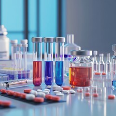 Poster - Laboratory setting with colorful test tubes and vials filled with solutions and medication in a bright space. Generative AI