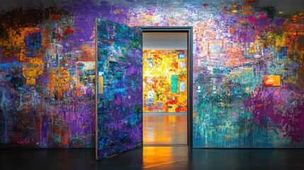 Poster - Abstract colorful art on walls with an open door way into another room with matching painting