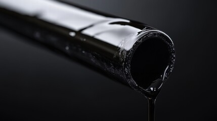 Poster - Oil dripping from a circular pipe against a dark background with a glossy finish and smooth surface reflecting light. Generative AI