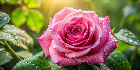 Wall Mural - Pink Rose with Lush Green Leaves: Elegant Floral Still Life Stock Photo