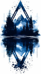 Sticker - Blue mountain lake reflection, geometric frame, nature art print