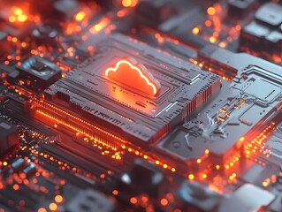 Poster - A close-up view of a modern circuit board with glowing orange accents