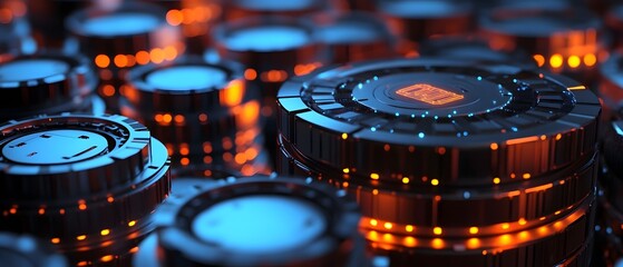 Poster - A close-up view of innovative, glowing technology components, featuring intricate designs and vibrant lights, showcasing the future of digital systems and advanced machinery.