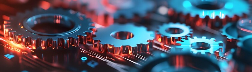 Poster - A close-up view of intricate gears surrounded by a vibrant mix of blue and red lights, symbolizing innovation and the mechanics of modern technology.