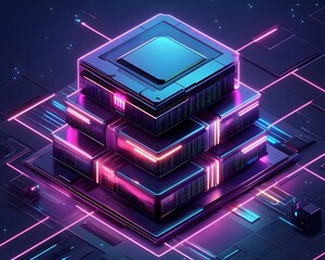 Poster - A futuristic digital structure with glowing neon lights and intricate patterns representing modern technology.