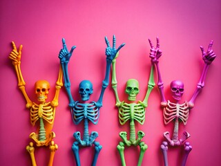 Wall Mural - Playful Skeletal Hands Thumbs Up - Quirky Pink Background Stock Photo