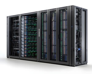Poster - A sleek data center with advanced server racks showcasing modern computing technology.