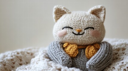 Aufkleber - Cute knitted cat toy wearing a cozy sweater and scarf resting on a soft blanket in a warm setting. Generative AI