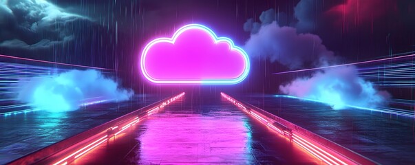 Poster - A vibrant and futuristic digital landscape, showcasing a glowing cloud symbol amidst colorful neon lights and rain, symbolizing innovation and the digital age.