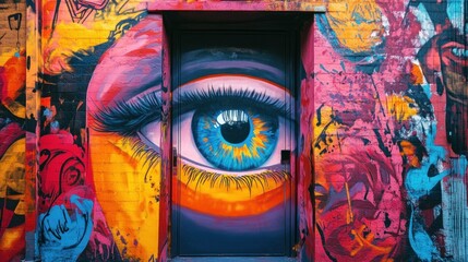 Poster - A Vivid Mural with an Eye Painting on a Doorway Surrounded by Colorful Graffiti