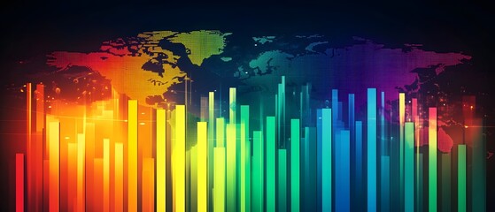 Poster - A vibrant digital visualization featuring a colorful equalizer and a world map background, representing data analysis, sound waves, and modern technology in a dynamic composition.