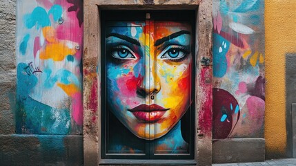 Poster - Colorful door with woman portrait art and painted walls showcasing creative expression