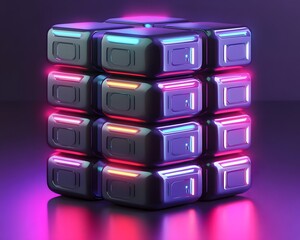 Poster - A vibrant neon cube with glowing lights, perfect for modern tech designs and futuristic backgrounds.