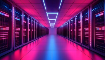 Poster - A vibrant server room illuminated by neon lights, showcasing modern technology and data storage solutions.