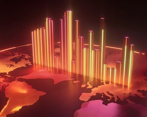 Poster - Abstract data visualization with glowing bars rising over a colorful globe, representing global statistical trends.