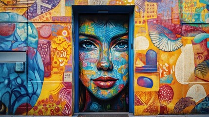 Poster - A vibrant street art mural of a face on a building entrance adds a splash of color
