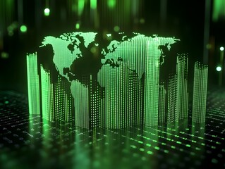 Poster - Abstract digital world map with green data visualization elements representing global connectivity and innovation.