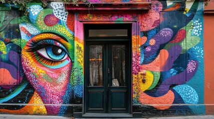Poster - A vibrant mural featuring a large eye and abstract shapes surrounding a dark doorway