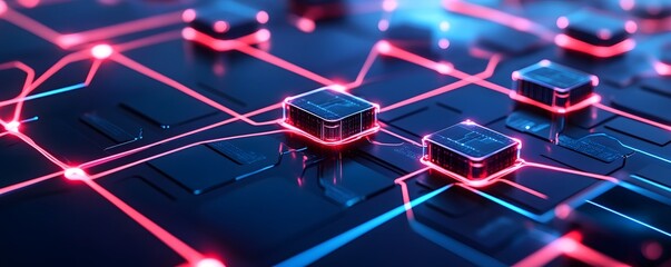 Poster - Close-up view of a futuristic circuit board with glowing pink and blue patterns showcasing technological advancement.