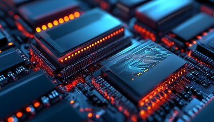 Poster - Close-up view of advanced computer chips with glowing circuitry, showcasing modern technology in vibrant detail.