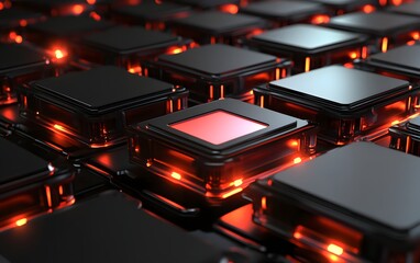 Poster - Close-up view of illuminated buttons on a futuristic device, showcasing a vibrant design with black and red colors.
