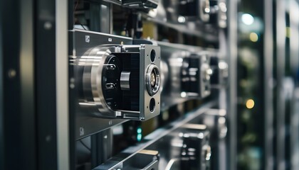 Poster - Close-up view of advanced server equipment showcasing multiple storage units in a data center, highlighting modern technology and innovation in computing.
