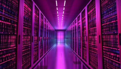 Poster - Futuristic data center corridor illuminated with vibrant purple lights, showcasing rows of servers in a modern digital environment. Ideal for tech-related projects.