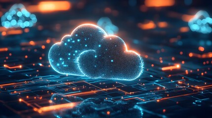 Poster - Futuristic digital cloud network concept with glowing particles and circuitry representation.