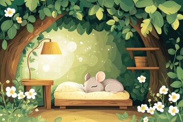Poster - Cozy mouse resting on a soft bed surrounded by greenery and flowers in a serene forest nook. Generative AI