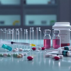 Poster - Variety of medical vials syringes and pills arranged on a laboratory table in a clinical environment. Generative AI
