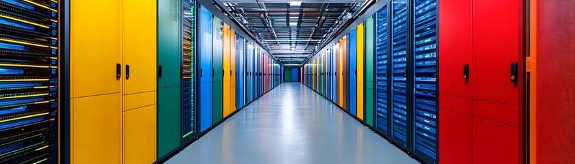 Poster - Vibrant server room showcasing colorful cabinets and efficient data storage systems in a modern facility.